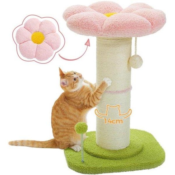 Arbre à gratter Ibenzoa® avec plateforme fleurie, offrant un espace de repos confortable – colonne à gratter robuste (Ø 14 cm), plaque de base double couche (Ø 14 cm), couleur rose, idéal pour les chats dintérieur actifs