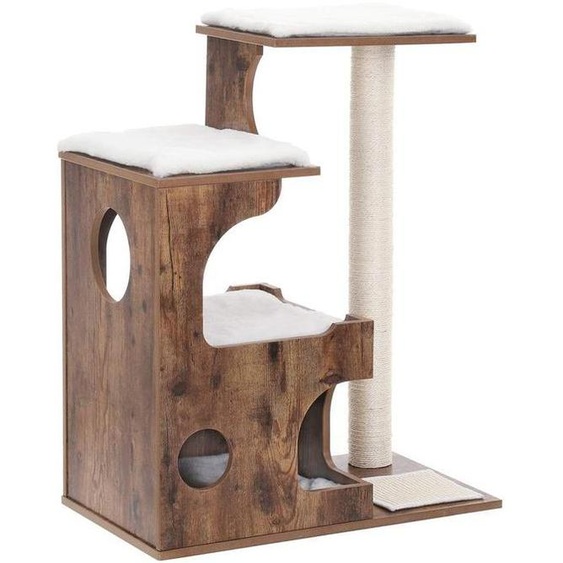 Arbre à gratter Kratzbaum avec 3 plateformes de repos, en sisal et MDF, coloris vintage marron et blanc, dimensions : 66 x 42 x 88 cm