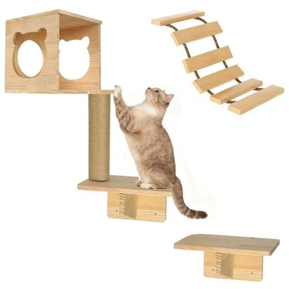 Arbre à gratter mural pour chats - Étagères murales pour chats avec des zones de repos - 3 niveaux - Bois massif de pin - Colonne à gratter en sisal avec pont en corde - Décoration mignonne en forme de tête de chat