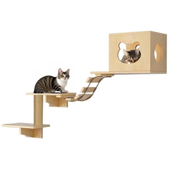 Arbre à gratter pour chats, modèle tour : étagère descalade avec maison pour chat, en bois massif, avec poteau à gratter, échelle en corde, plateforme suspendue. Modèle à un niveau. 1 ensemble