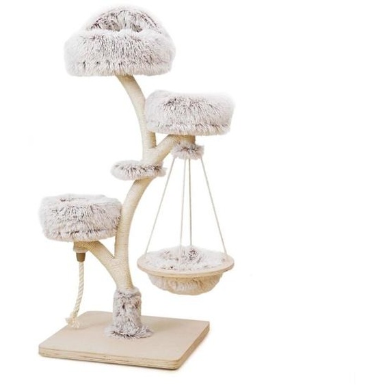 Arbre Chat Design 130cm Beige et marron Forme Branche avec Peluche et Sisal Tronc de grattage Hamac Grattoir Tour Mobilier ludique Animal domestique