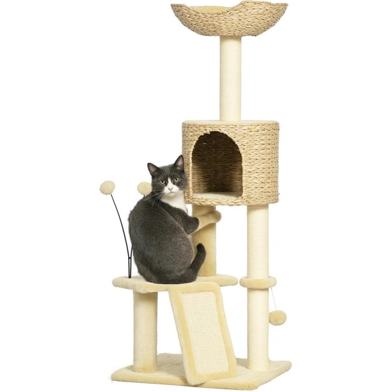 Arbre  chat hauteur 116 cm niche panier plateformes pompons en peluche et jacinthe deau - beige