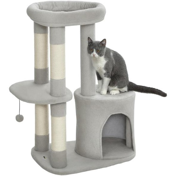 Arbre  chat tour de jeux pour chats griffoirs, plate-forme, niche, balle, tissu peluche, 60 x 45 x 90 cm, gris clair