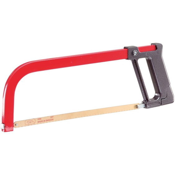 Arc de scie métallique avec poignée pistolet, avec lame, poignée en alliage léger injecté peinte, avec réserve de lame, longueur totale 425 mm