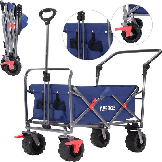 AREBOS Bollerwagen pliable | Chariot de transport & doutillage, 2 poches en filet, bleu, 100 kg