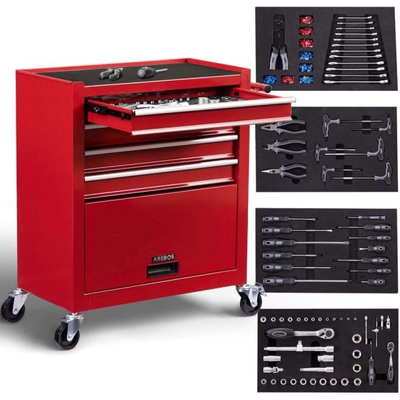 AREBOS Chariot datelier Rouge 4 tiroirs 81 pcs. outillage Tapis antidérapant