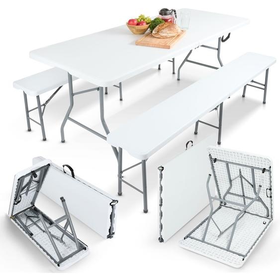 AREBOS Garniture de tente à bière 3 pièces blanc | Table + 2 bancs, pliable & poignée de transport