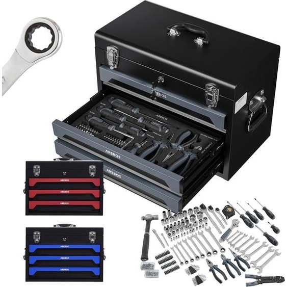 AREBOS Mallette à outils 172 pces | Jeu de douilles | 3 tiroirs Anthracite / Noir