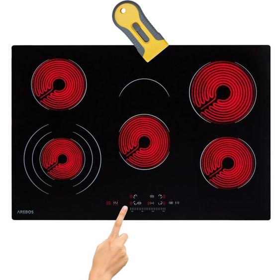 Plaque vitrocéramique 8500 w 5 brûleurs 77 cm en pose libre avec double zone de cuisson et zone de friture capteur tactile sécurité enfants