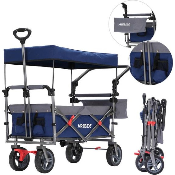 AREBOS Premium Bollerwagen Pliable Bleu | Toit, frein, 100 kg