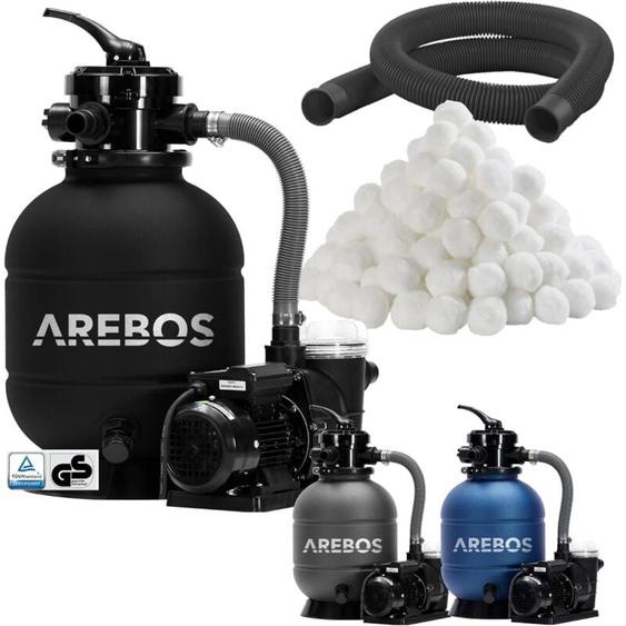 Arebos - Système de Filtre à Sable Noir - 400W - 10.200 L/h - Capacité du réservoir jusquà 20 kg de sable - Vanne à 4 Voies avec poignée - Avec
