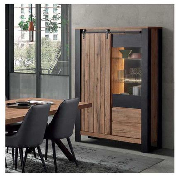 Argentier 2 portes à LED Chêne Miel/Noir - ADRIEN - L 118 x l 45 x H 180 cm
