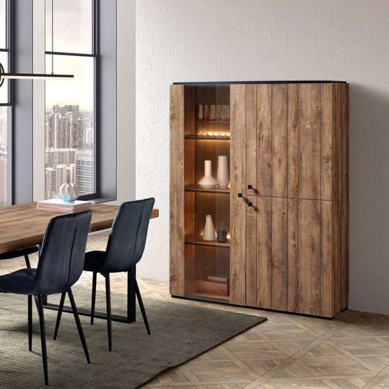 Argentier 3 portes Chêne Antique/Noir à Led - BAILEY - L 124 x l 48 x H 180 cm