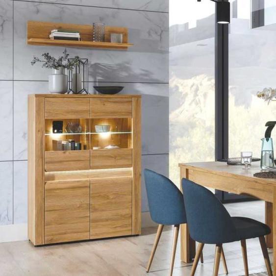 Argentier 4 portes battantes Chêne à LED - BIELSKO - Bois - Verre / Bois - L 91,5 x l 40 x H 132 cm - Vaisselier