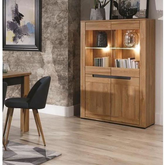Argentier 4 portes Chêne/Gris à LEDs - CRACOVIE - Bois - Verre / Bois - L 91 x l 39.5 x H 147 cm - Vaisselier