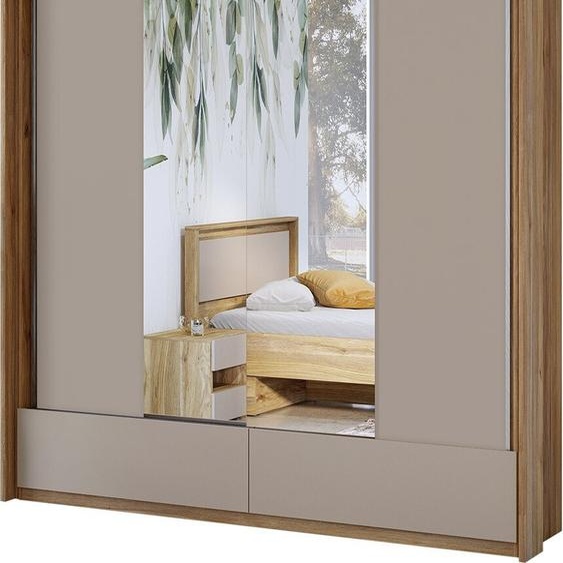 Armoire 2 portes avec miroirs, 2 tiroirs, penderie et 5 étagères coloris chêne et beige