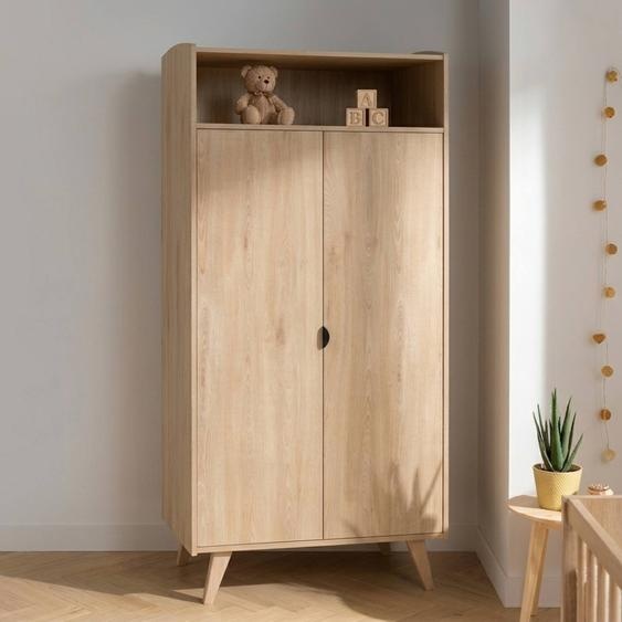 Armoire 2 Portes Et Une Niche Avec Étagères Et Penderie - Poignées Métal Décor Bois Hêtre Charme - Mia Marron