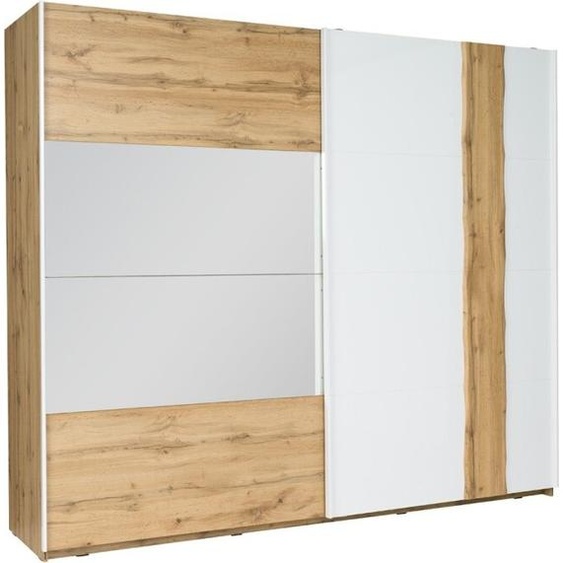 Armoire 250 cm WOOD avec 2 portes coulissantes et miroir en couleur chêne et blanc
