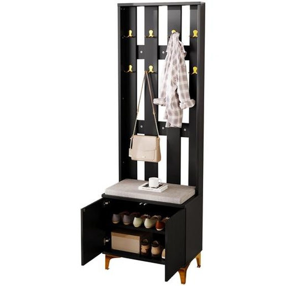 Armoire 3 en 1 avec rangement à chaussures, 8 doubles crochets pour manteaux, banc rembourré en lin, design surélevé avec pieds en métal doré, couleur noire