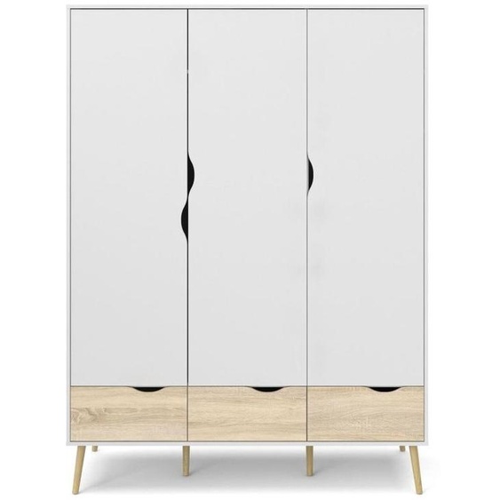 CALICOSY - Armoire 3 portes, 3 tiroirs blanc etReproduction chêne L147,2 cm - BILLUND