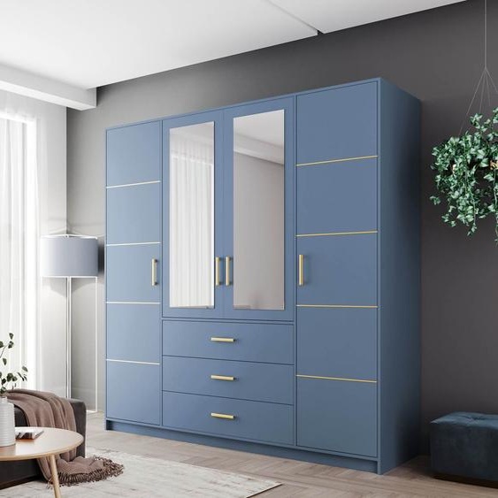 Armoire 4 portes BALI D4, armoire avec miroir, buffet 3 tiroirs (bleu)