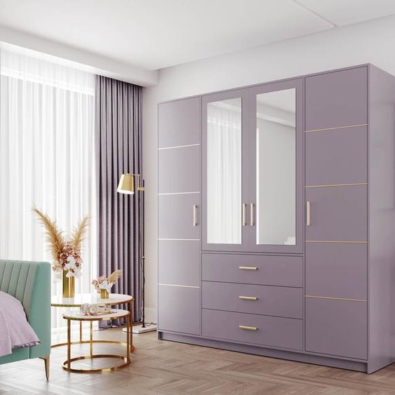 Armoire 4 portes BALI D4, armoire avec miroir, buffet 3 tiroirs (rose)