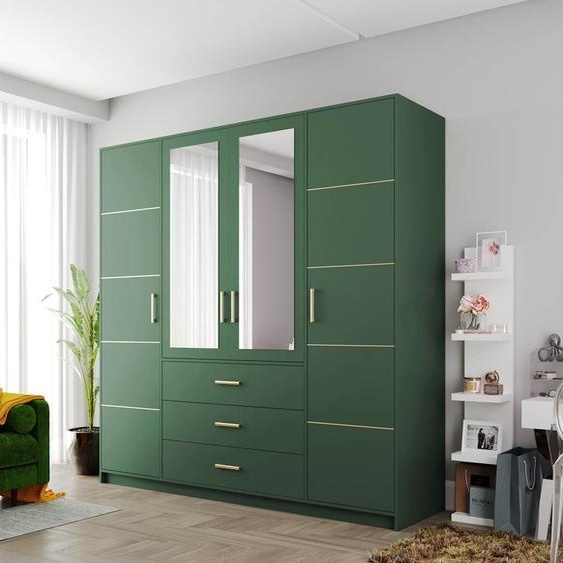 Armoire 4 portes BALI D4, armoire avec miroir, buffet 3 tiroirs (vert)