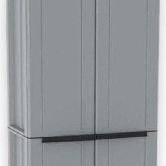 Armoire à balais haute avec étagère à 4 tablettes en matière thermoplastique grise pour lintérieur, dimensions 680 x 375 x 1635 mm