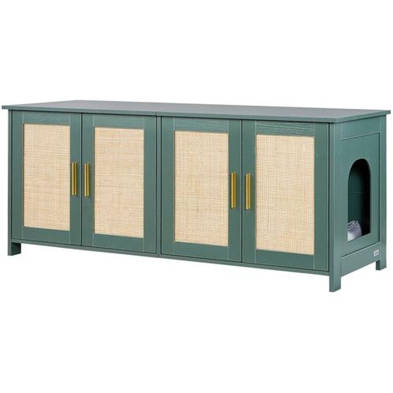 Armoire à chat VEVOR, 1200x450x500 mm Bac à litière avec 4 portes en rotin & 2 entrées Maison de chat adaptée à la plupart des bacs à litière Vert