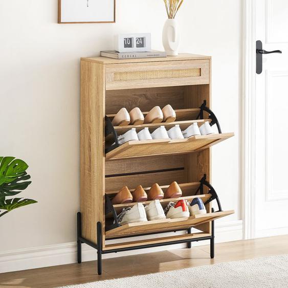 Armoire À Chaussures Avec 2 Abattants en Rotin, 1 Tiroir, 4 Étagères Pieds en Métal 61 x 24 x 102 cm - naturel