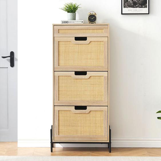 Armoire À Chaussures Avec 3 Abattants en Rotin, 1 Tiroir, 6 Étagères Pieds en Métal 61x24x136 cm