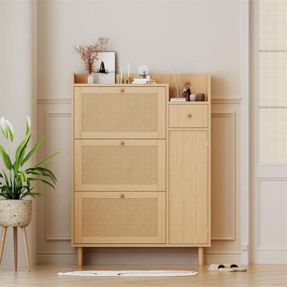 Armoire à chaussures - DREAMMESPACE - 3 portes - 1 tiroir - Bois massif - Naturel - 90x125x17cm