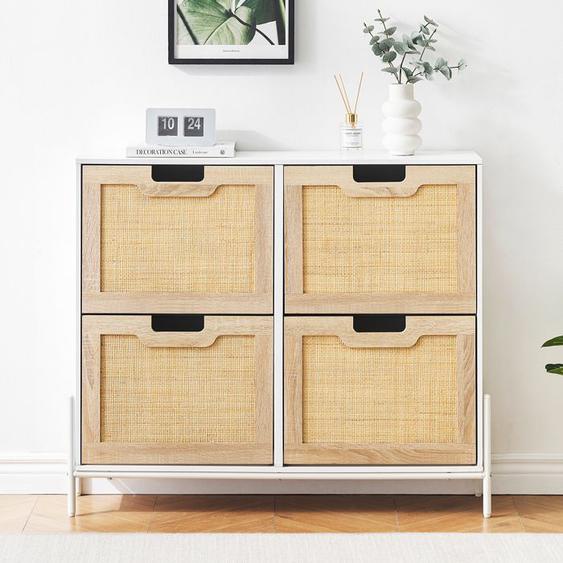 Armoire À Chaussures Étroite Avec 4 Abattants en Rotin 8 Étagères Pieds En Métal 100 X 24 X 88 cm