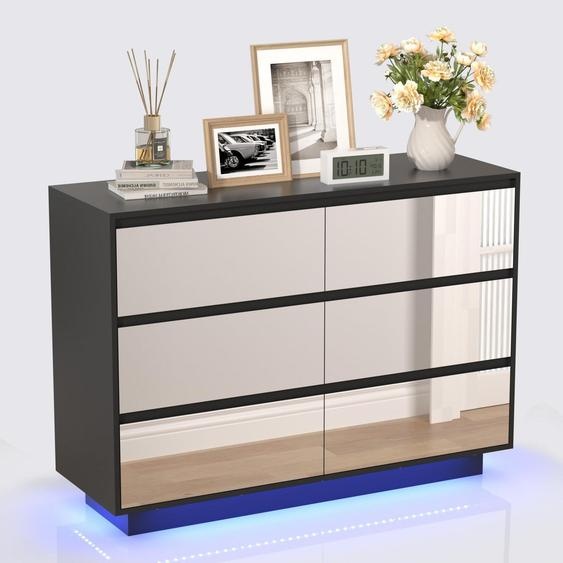 Armoire à miroir avec éclairage LED. Commode à 6 tiroirs, dimensions : 100 x 34 x 72,5 cm. Couleur : noir