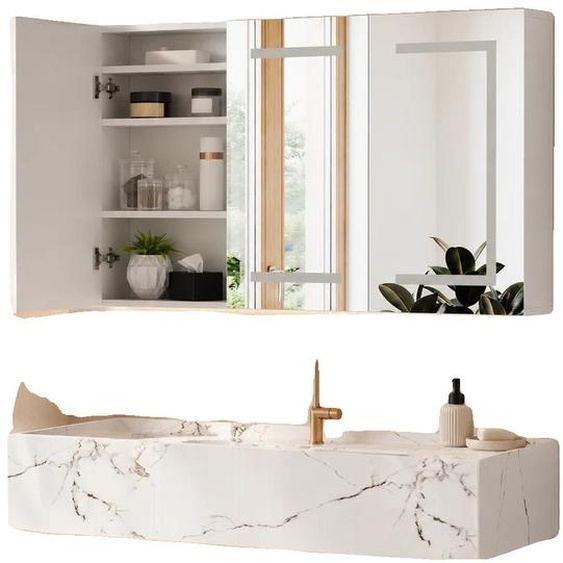 Armoire à miroir, fonction anti-buée, étagères réglables, BLANC