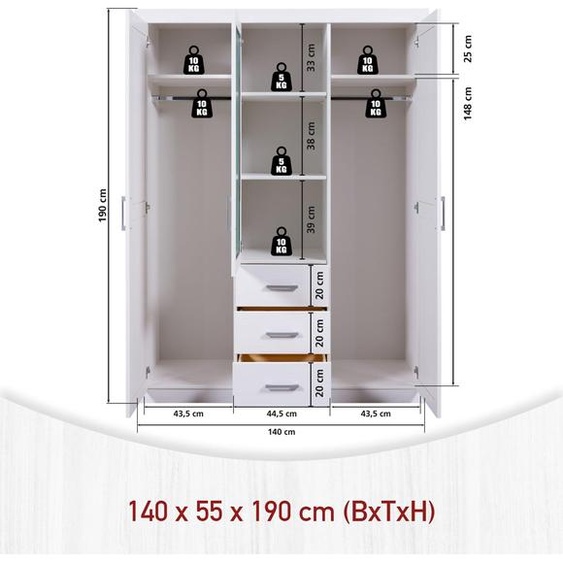 Armoire à portes à cassettes Geraldo 3 portes blanc