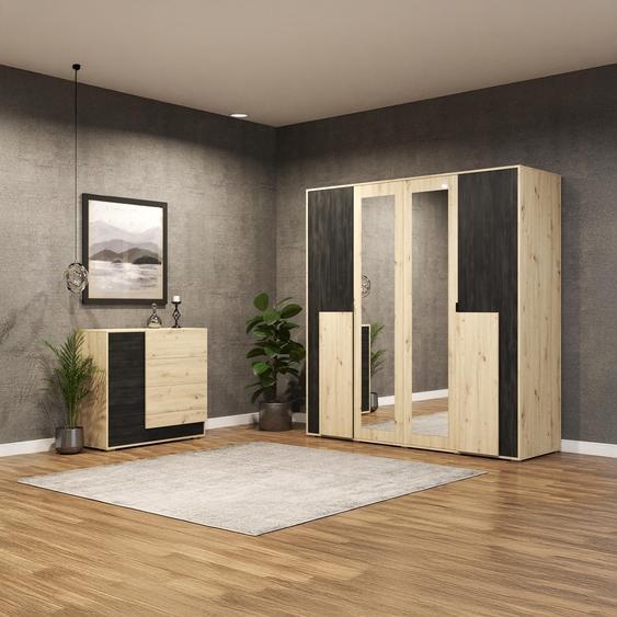 Armoire à portes battantes Armoire 200cm & commode 100cm, Artisan chêne/noir Bafra