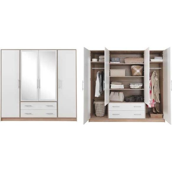 Armoire à portes battantes Smart 200 x 56 x 190 cm, chêne Sonoma blanc, 4 portes, miroir