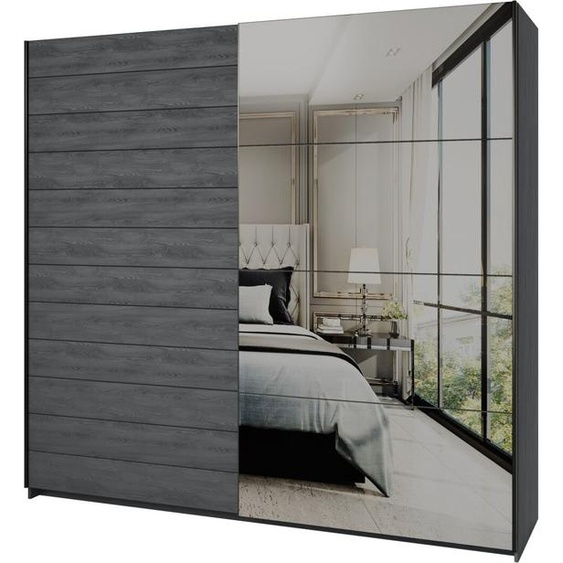 Armoire à portes coulissantes, 2 portes, 220 cm, aspect bois, gris, avec miroir. Collection FLOYD