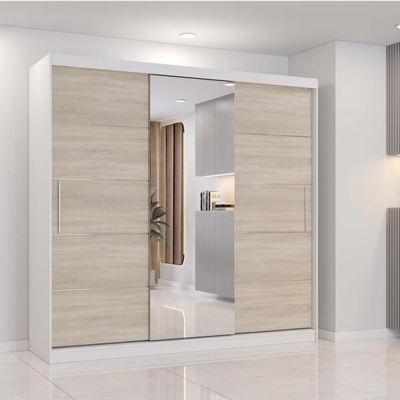 Armoire à portes coulissantes Astra, 233 cm, blanc/sonoma, avec miroir
