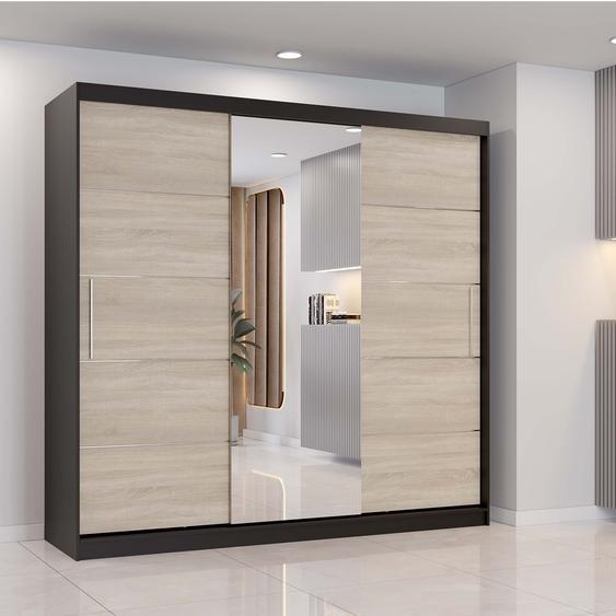 Armoire à portes coulissantes Astra, 233 cm, noir/sonoma, avec miroir