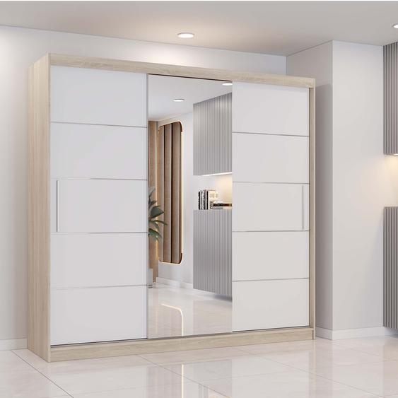 Armoire à portes coulissantes Astra, 233 cm, Sonoma/blanc, avec miroir