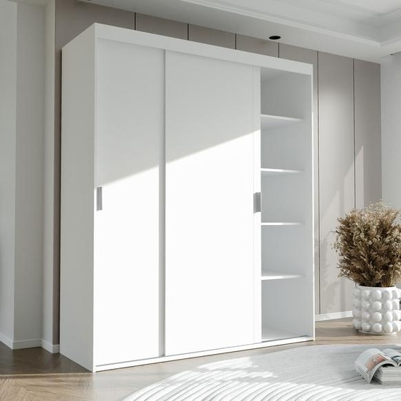 Armoire à portes coulissantes trois portes STILO 180 cm avec étagères et tringles Armoire penderie blanc / blanc mat poignées argentées