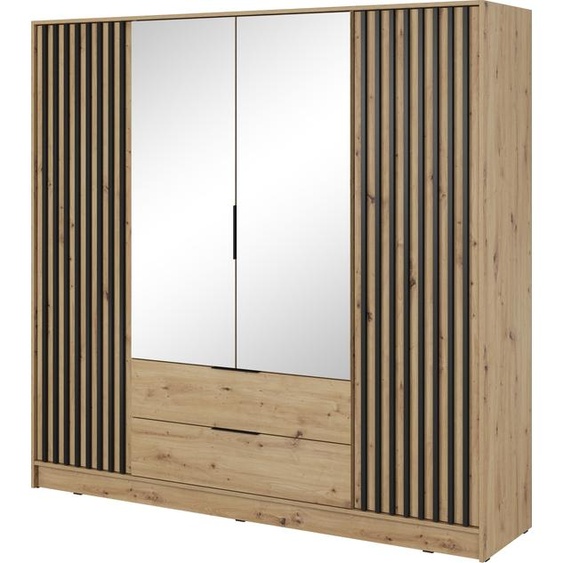 Armoire avec miroir 200 cm Fioro - Armoire du fabricant, armoire de chambre à coucher - armoire à portes battantes avec lamelles, 4 portes (chêne artisan)