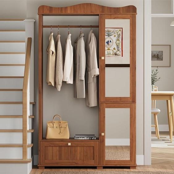 Armoire avec miroir et étagère ouverte, dimensions : 115,5 × 38,5 × 194,5 cm – Rangement à chaussures/armoire avec 3 portes rabattables, 2 tiroirs et étagères réglables (en bois de noyer)