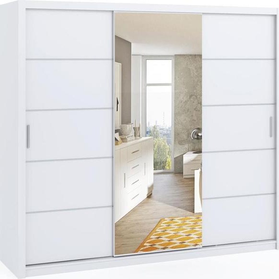 Armoire avec portes coulissantes et barre à vêtements Armoire Bono avec étagères spacieuses, largeur : 250 cm, couleur : blanc, avec miroir.