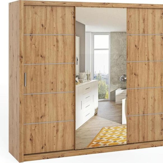Armoire avec portes coulissantes et barre à vêtements Armoire Bono avec étagères spacieuses, largeur : 250 cm, couleur : chêne Artisan, avec miroir.