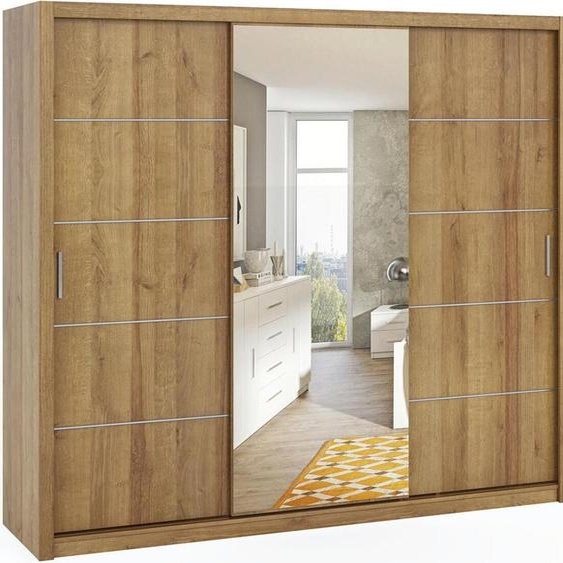 Armoire avec portes coulissantes et barre à vêtements Armoire Bono avec étagères spacieuses, largeur : 250 cm, couleur : chêne doré, avec miroir.