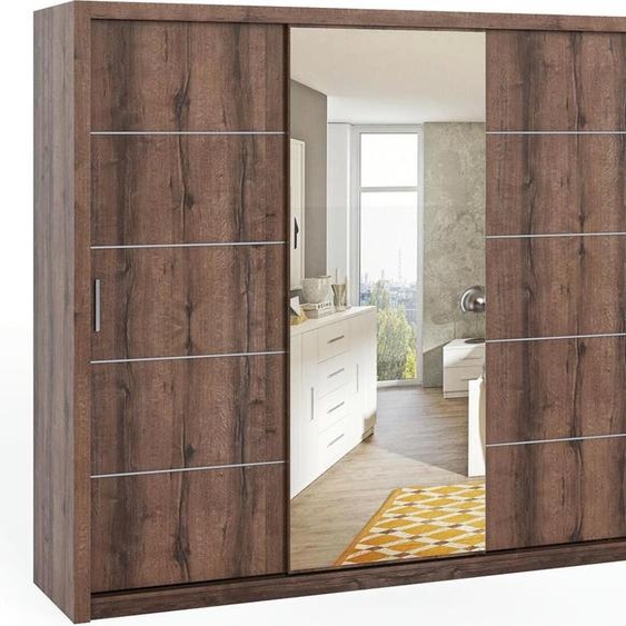 Armoire avec portes coulissantes et barre à vêtements Armoire Bono avec étagères spacieuses, largeur : 250 cm, couleur : chêne monastère, avec miroir.