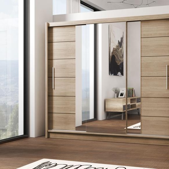 Armoire avec portes coulissantes et miroir LIZBONA II, armoire avec tiroirs, buffet armoire 3 portes (chêne Sonoma))